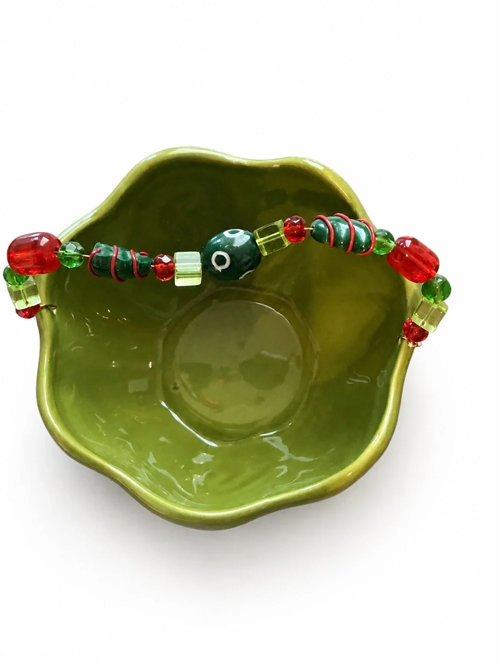 Bella Casa by GANZ Green Ceramic Bowl with Red and Lime Beaded Handle-Candy Dish